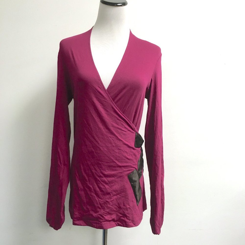 Theory Netta magenta pink brown v neck bow cotton stretch Long sleeve top L NWT